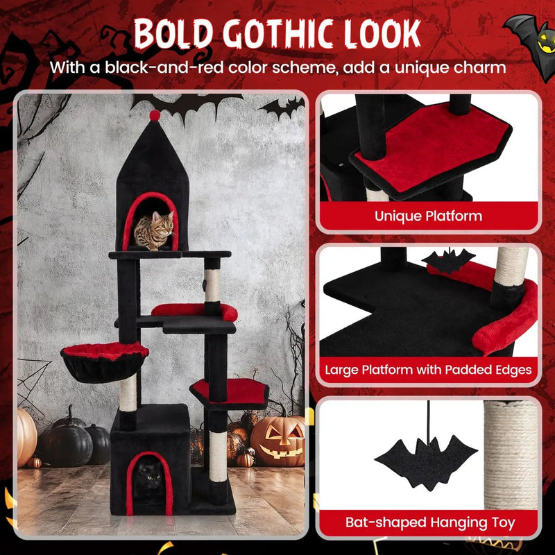 63 Inch Gothic Cat Tree with Condo and Top Cave for Large Cats 20+ LBS by DirectDeals