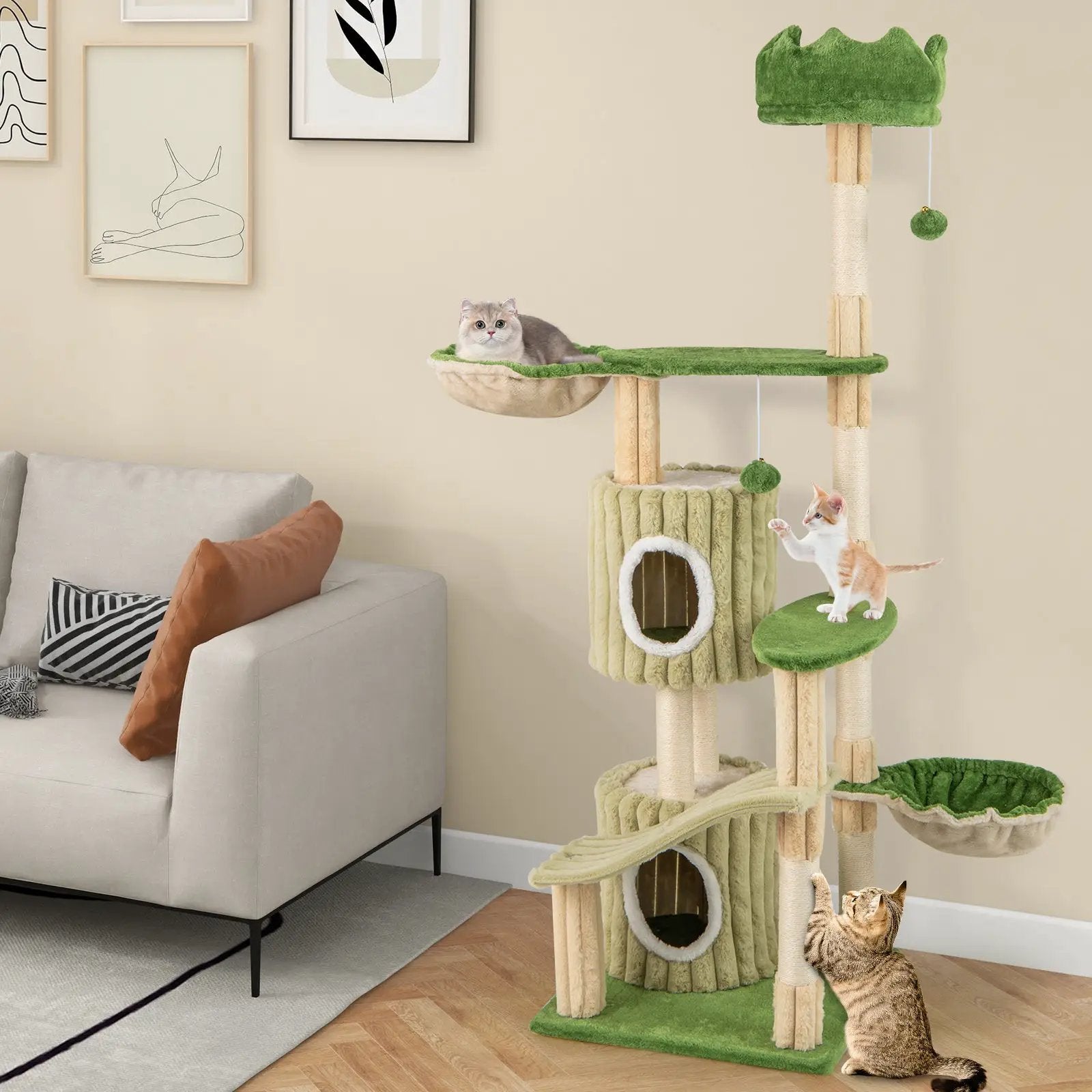 63 Inch Multi-Level Aesthetic Stripped Kitten Tower with 2 Condos-Green by DirectDeals