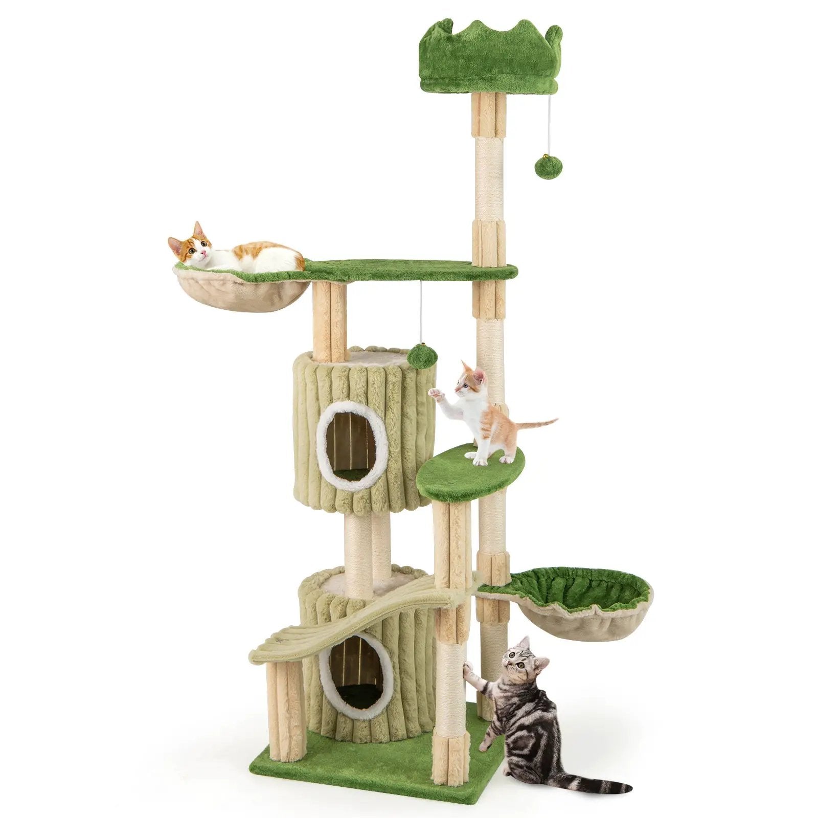 63 Inch Multi-Level Aesthetic Stripped Kitten Tower with 2 Condos-Green by DirectDeals