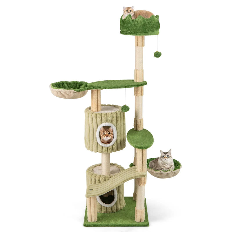 63 Inch Multi-Level Aesthetic Stripped Kitten Tower with 2 Condos-Green by DirectDeals