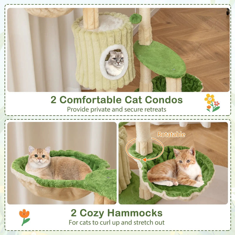 63 Inch Multi-Level Aesthetic Stripped Kitten Tower with 2 Condos-Green by DirectDeals