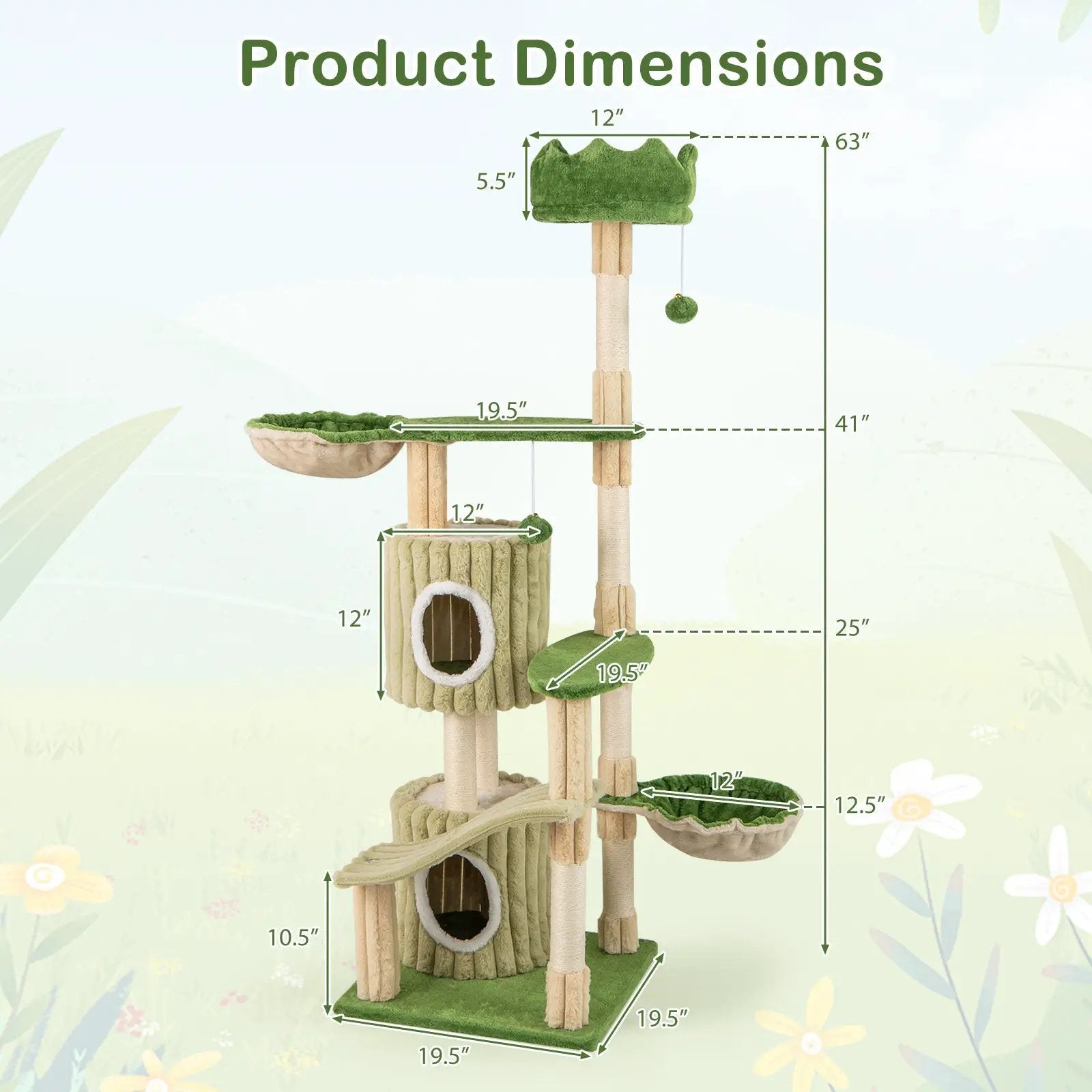 63 Inch Multi-Level Aesthetic Stripped Kitten Tower with 2 Condos-Green by DirectDeals