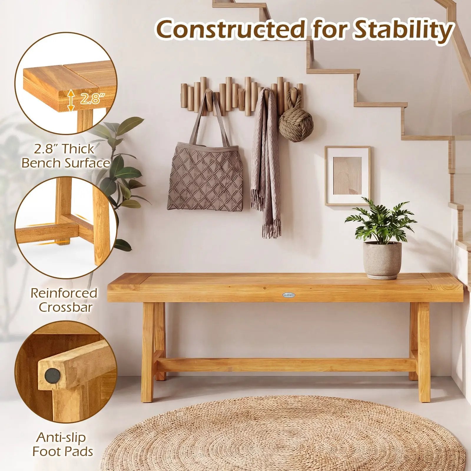 63 Inch Solid Wood Bench for up to 3 People by DirectDeals