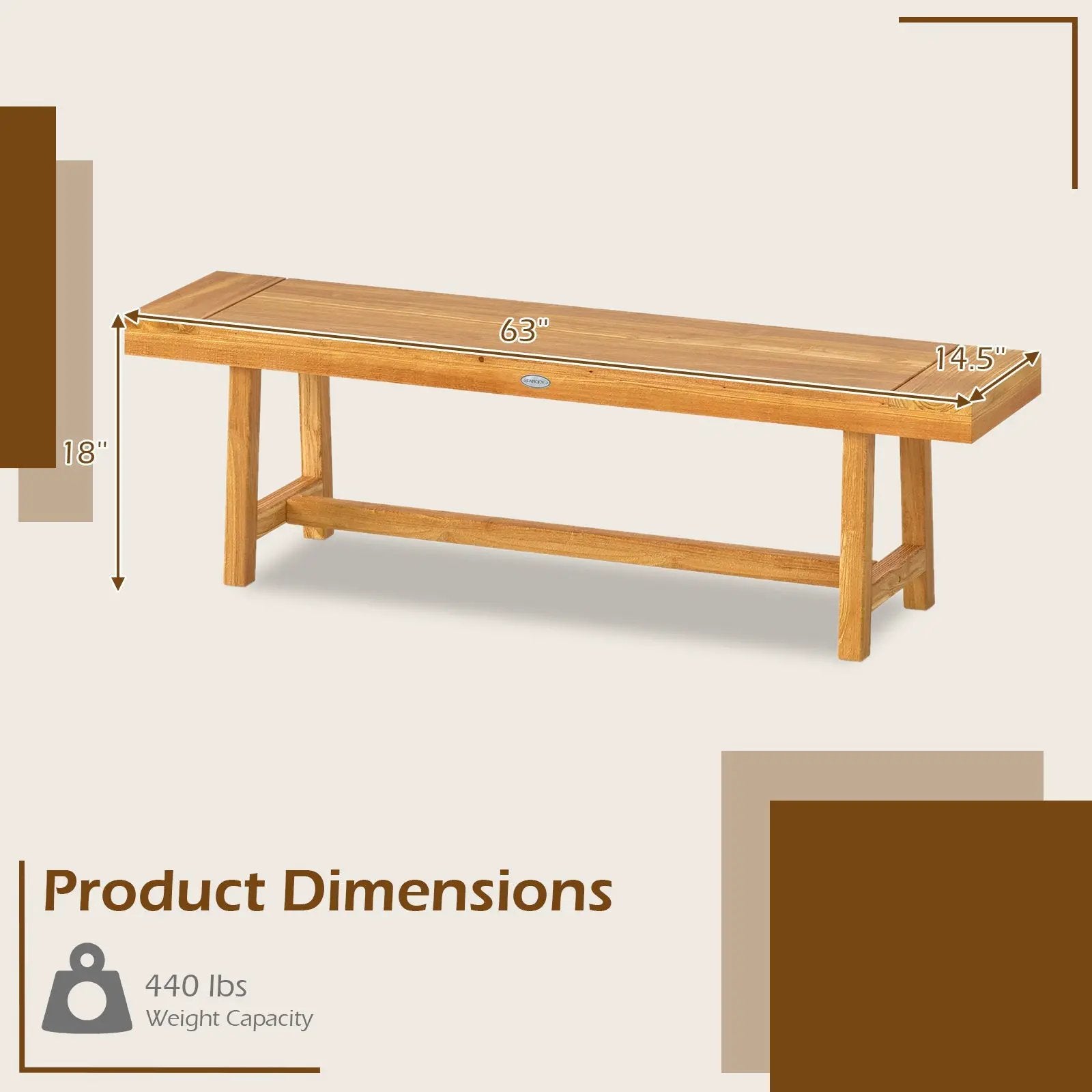 63 Inch Solid Wood Bench for up to 3 People by DirectDeals