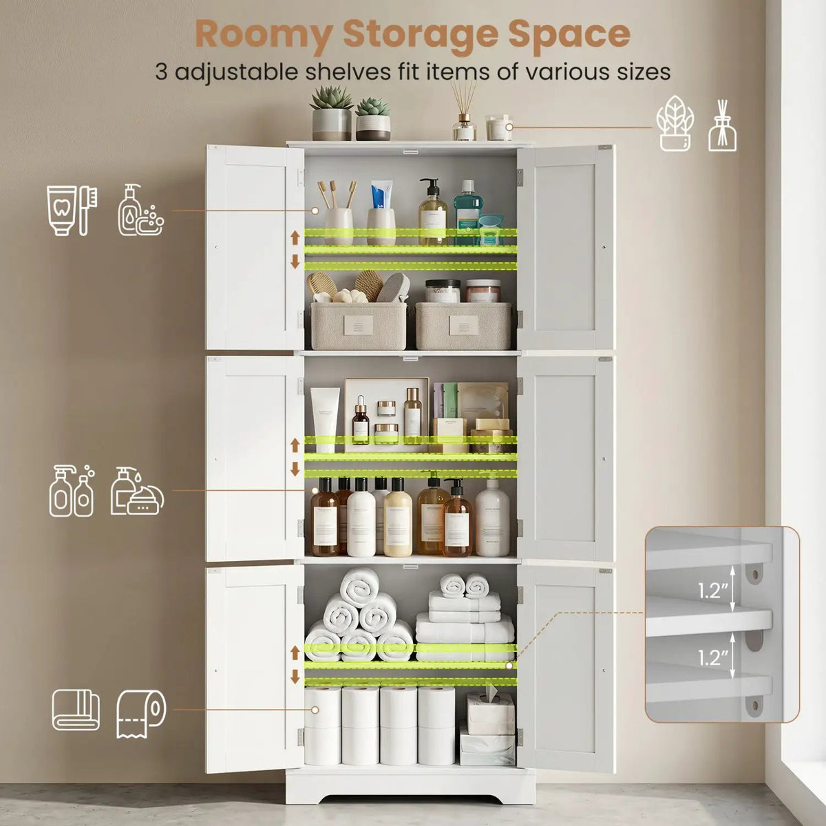 63-Inch Tall Bathroom Storage Cabinet with 6 Doors by DirectDeals