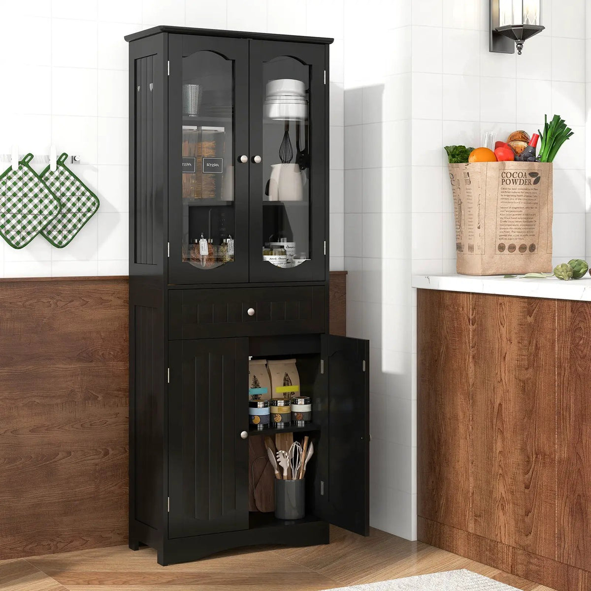 63 Inch Tall Bathroom Storage Cabinet with 2 Glass Doors and Adjustable Shelves Drawer by DirectDeals