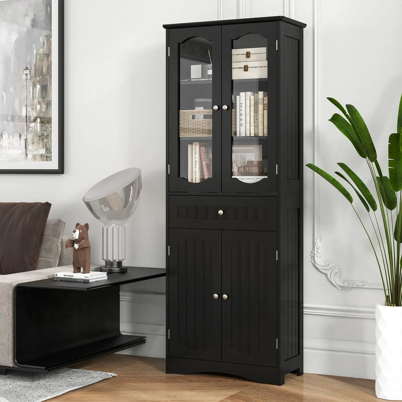 63 Inch Tall Bathroom Storage Cabinet with 2 Glass Doors and Adjustable Shelves Drawer by DirectDeals