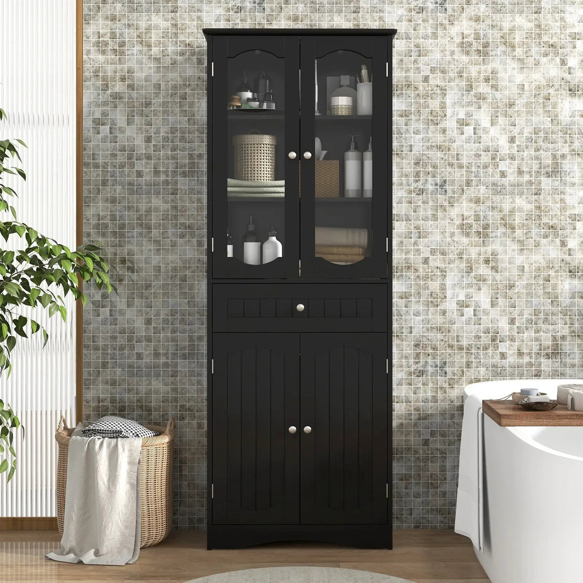 63 Inch Tall Bathroom Storage Cabinet with 2 Glass Doors and Adjustable Shelves Drawer by DirectDeals