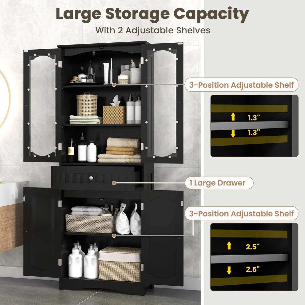 63 Inch Tall Bathroom Storage Cabinet with 2 Glass Doors and Adjustable Shelves Drawer by DirectDeals