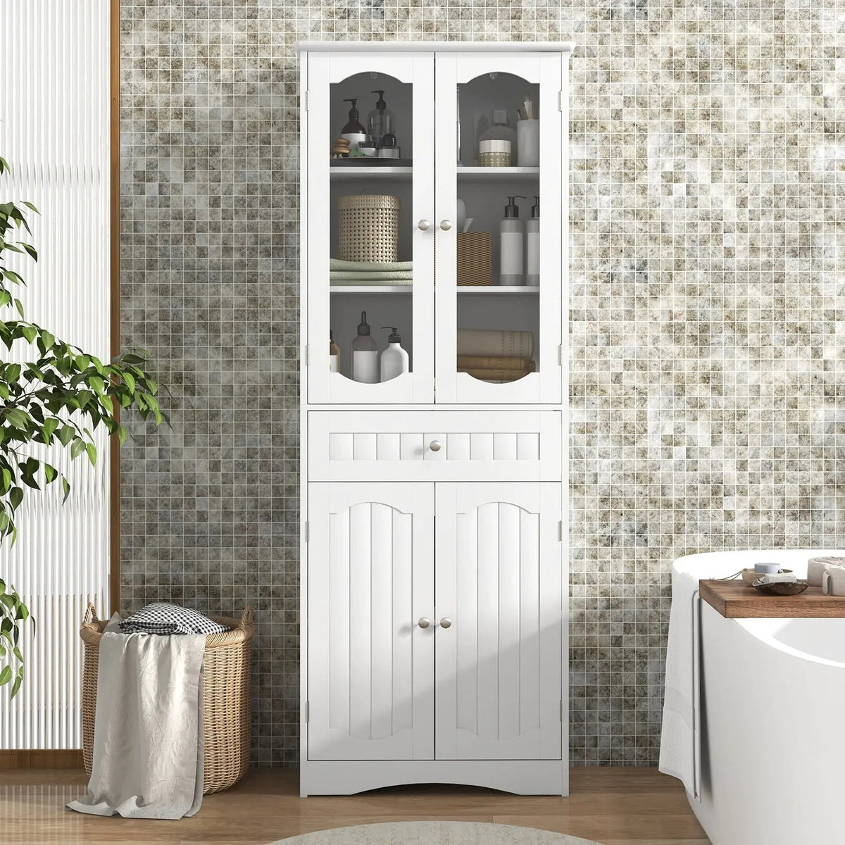 63 Inch Tall Bathroom Storage Cabinet with 2 Glass Doors and Adjustable Shelves Drawer by DirectDeals