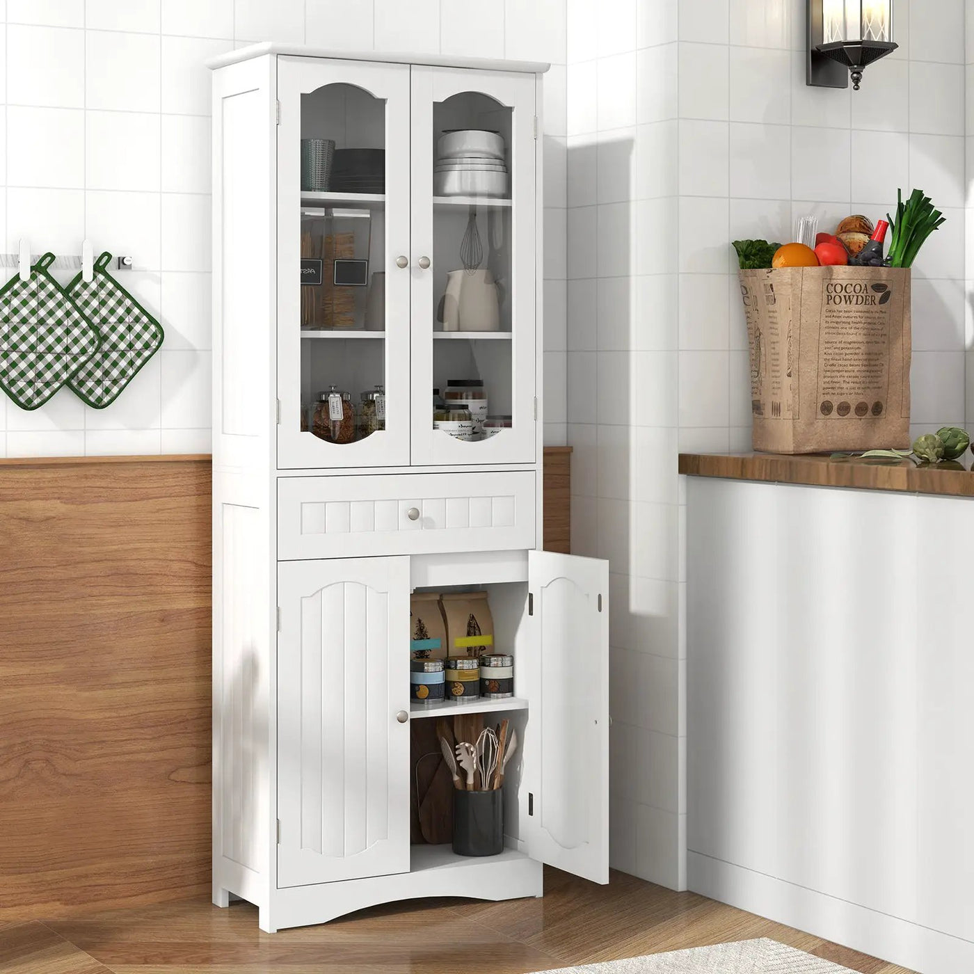 63 Inch Tall Bathroom Storage Cabinet with 2 Glass Doors and Adjustable Shelves Drawer by DirectDeals