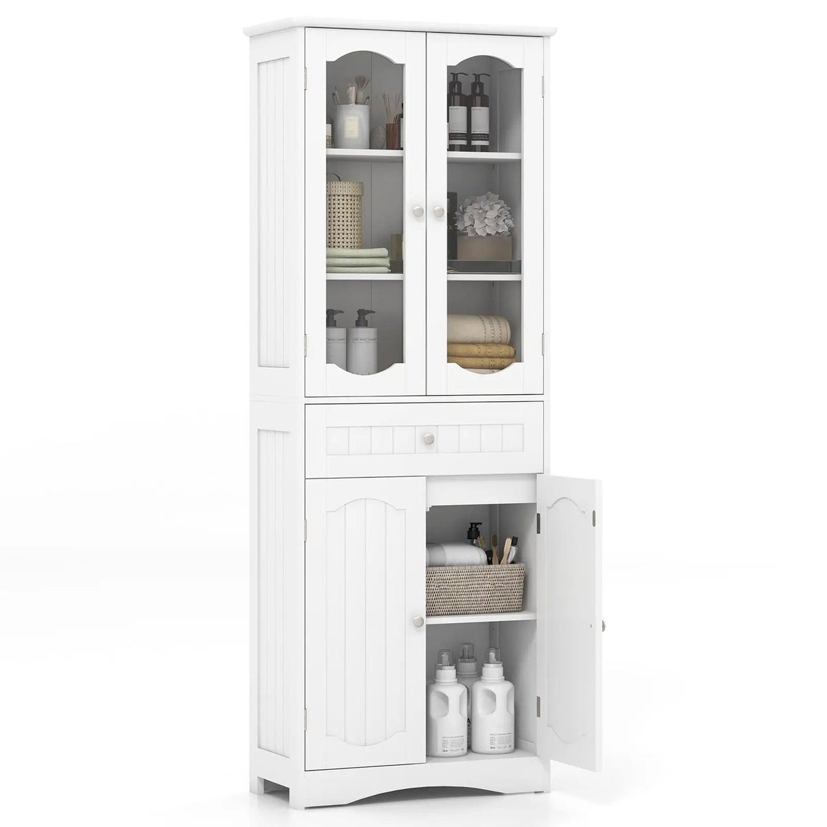 63 Inch Tall Bathroom Storage Cabinet with 2 Glass Doors and Adjustable Shelves Drawer by DirectDeals