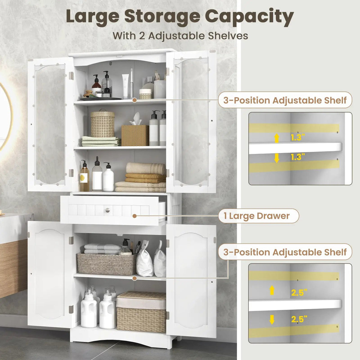 63 Inch Tall Bathroom Storage Cabinet with 2 Glass Doors and Adjustable Shelves Drawer by DirectDeals