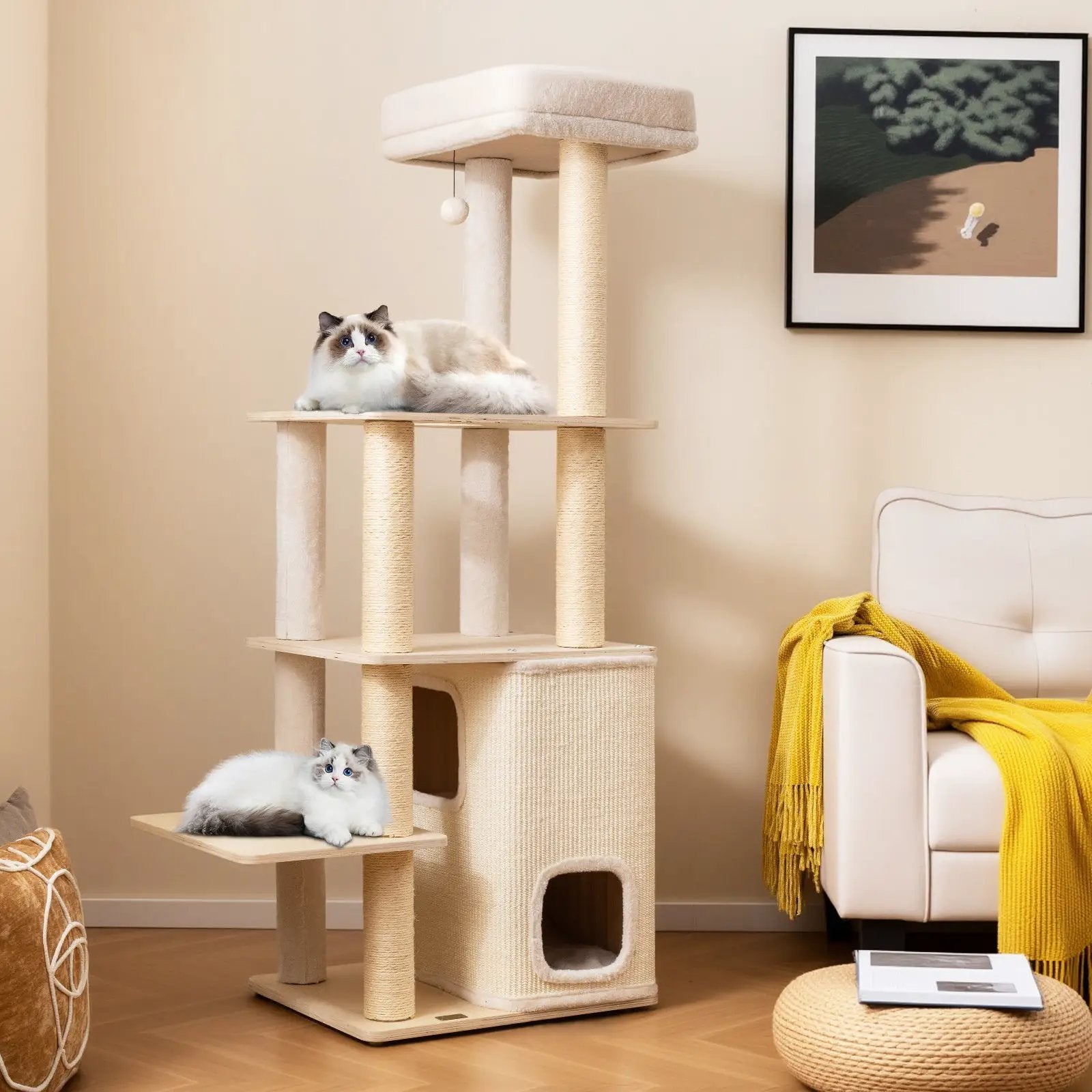 63 Inch Tall Wooden Cat Tree with 2-Story Condo and Plush Padded Top Perch-Natural by DirectDeals