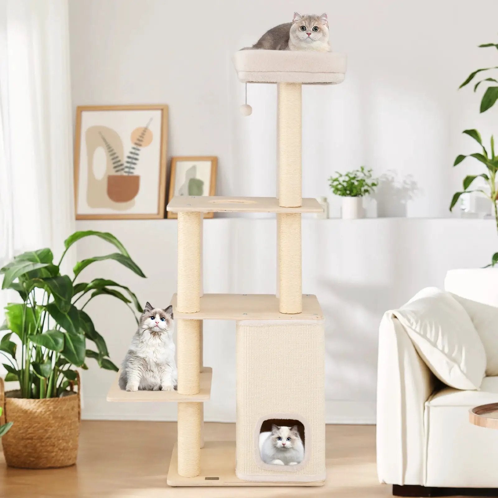 63 Inch Tall Wooden Cat Tree with 2-Story Condo and Plush Padded Top Perch-Natural by DirectDeals