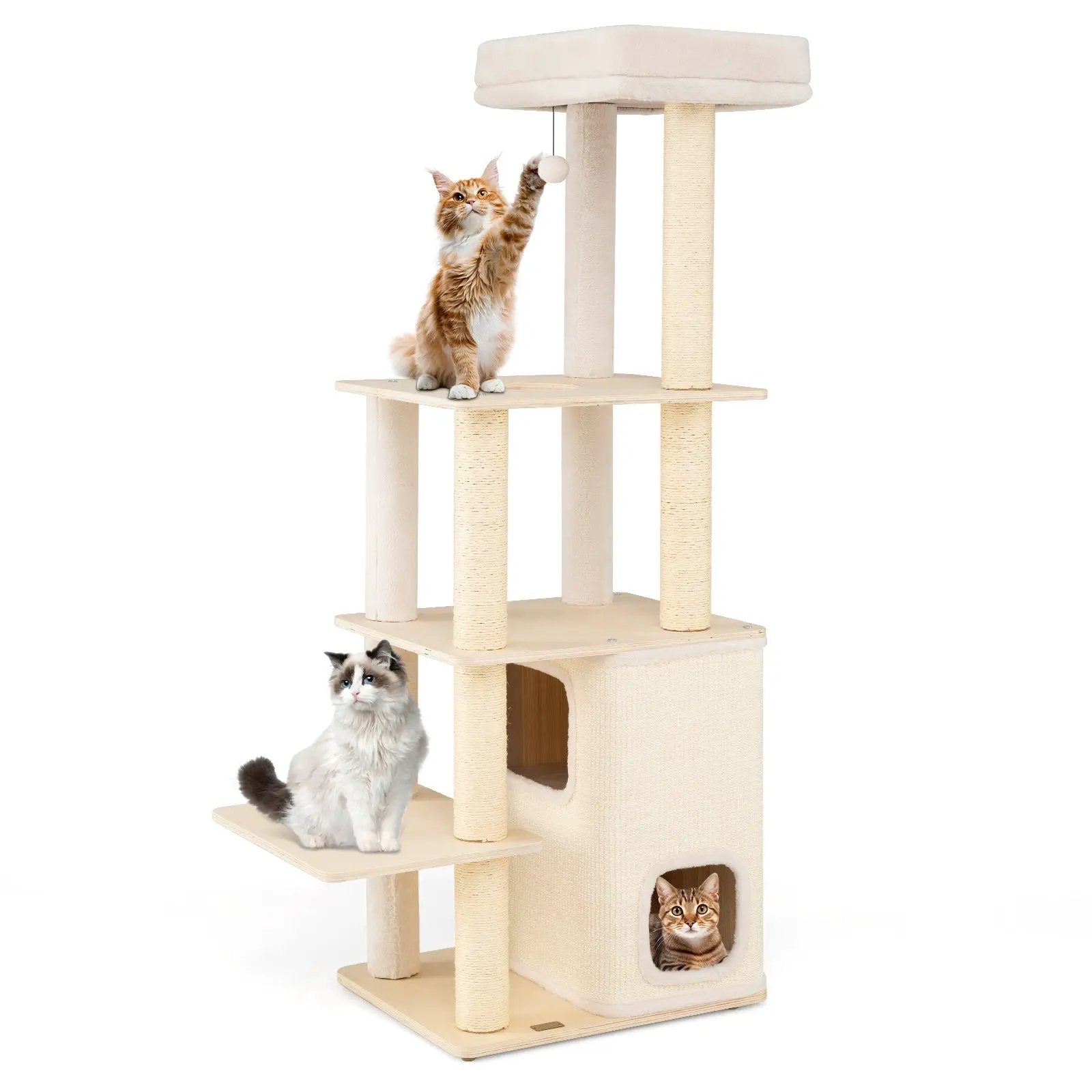 63 Inch Tall Wooden Cat Tree with 2-Story Condo and Plush Padded Top Perch-Natural by DirectDeals