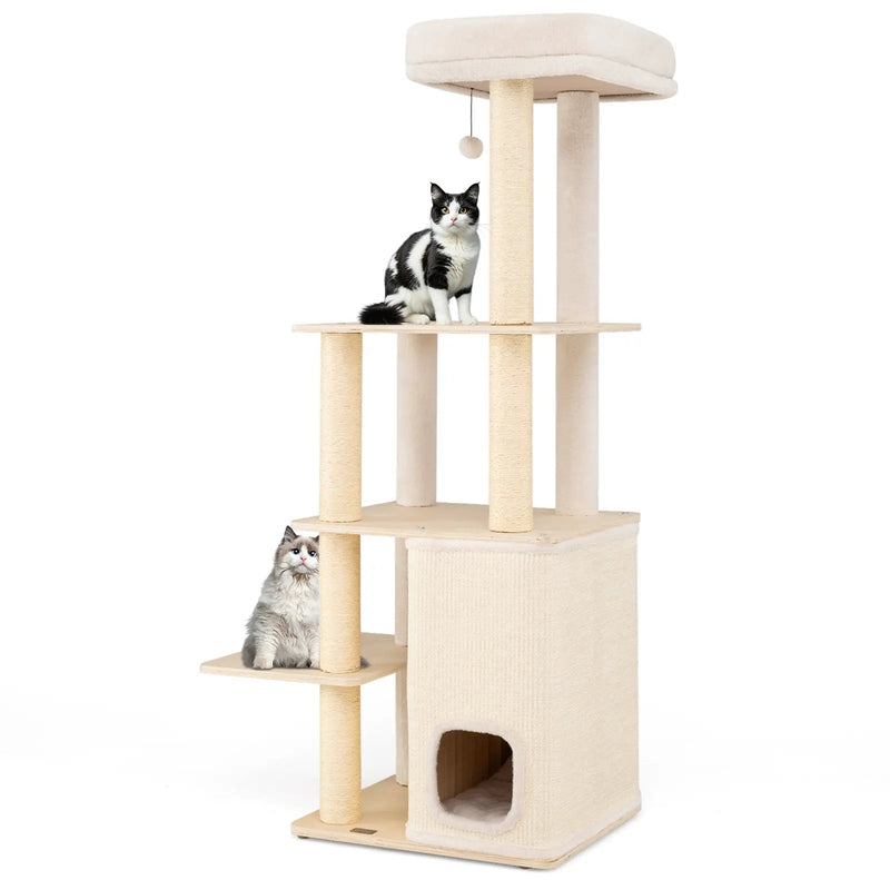 63 Inch Tall Wooden Cat Tree with 2-Story Condo and Plush Padded Top Perch-Natural by DirectDeals
