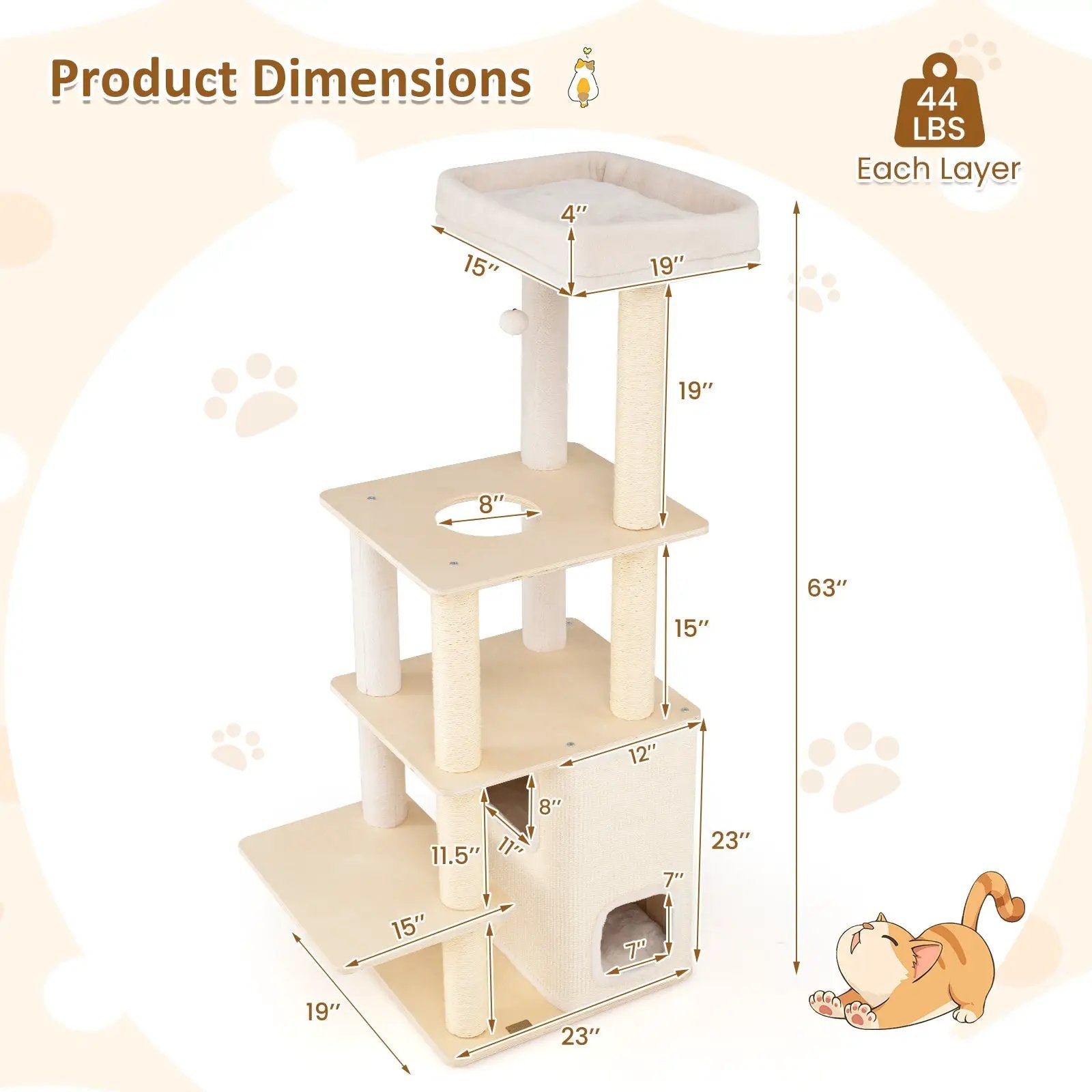 63 Inch Tall Wooden Cat Tree with 2-Story Condo and Plush Padded Top Perch-Natural by DirectDeals
