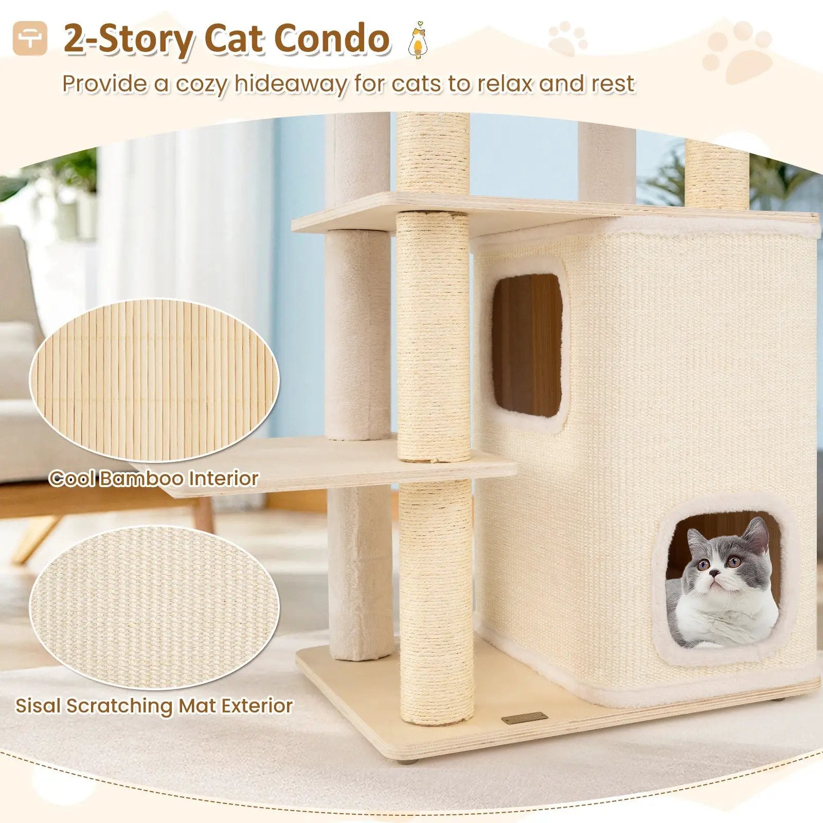 63 Inch Tall Wooden Cat Tree with 2-Story Condo and Plush Padded Top Perch-Natural by DirectDeals