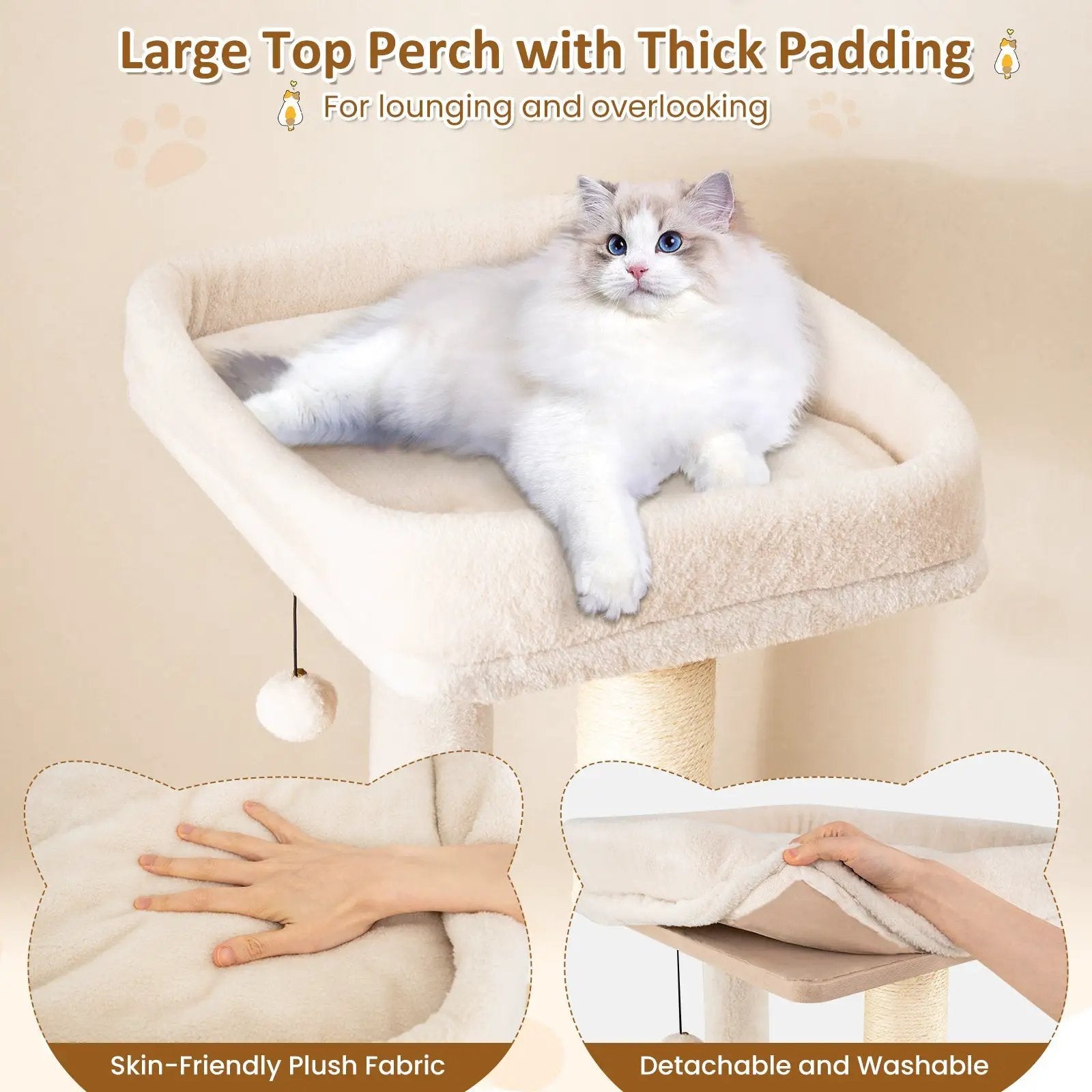 63 Inch Tall Wooden Cat Tree with 2-Story Condo and Plush Padded Top Perch-Natural by DirectDeals