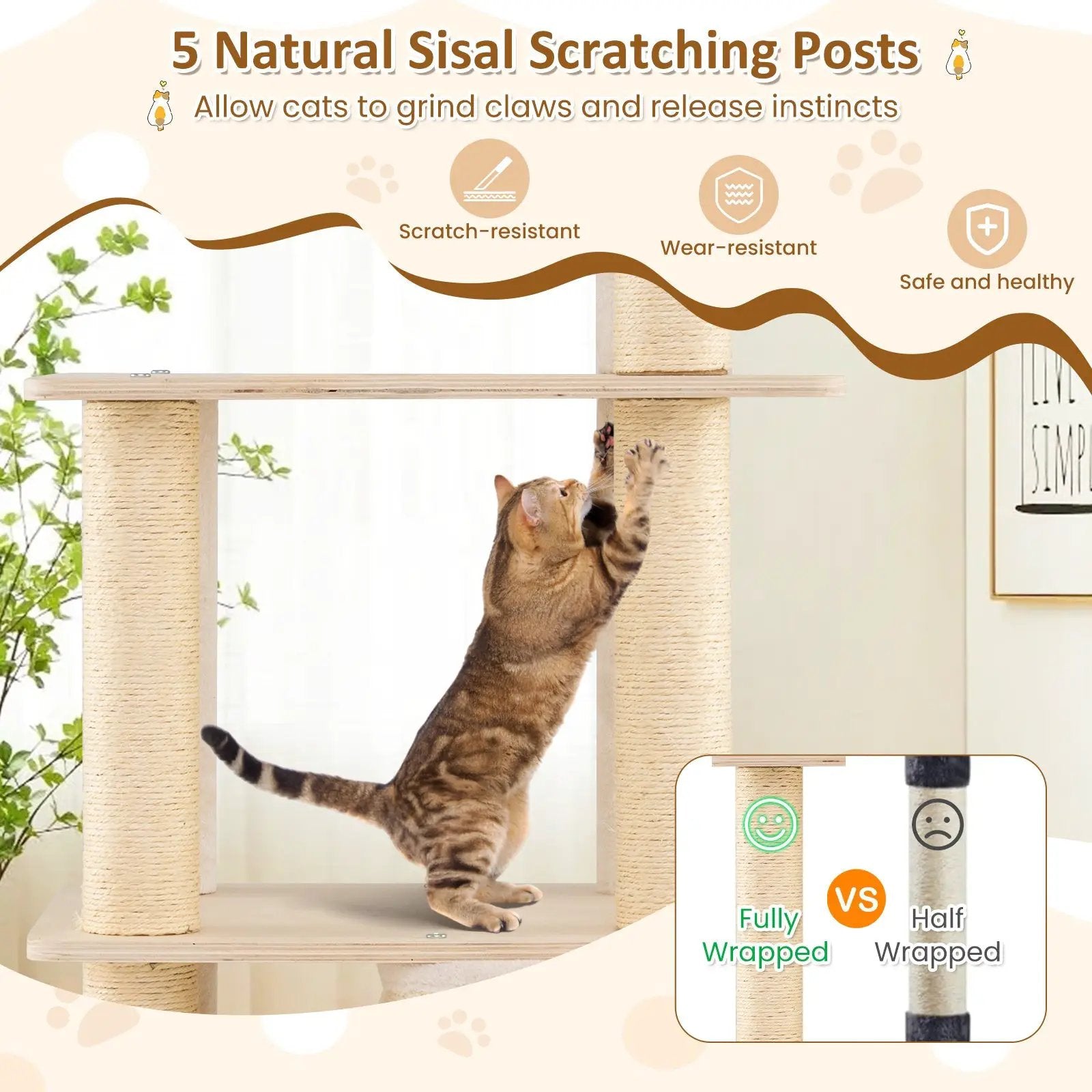 63 Inch Tall Wooden Cat Tree with 2-Story Condo and Plush Padded Top Perch-Natural by DirectDeals