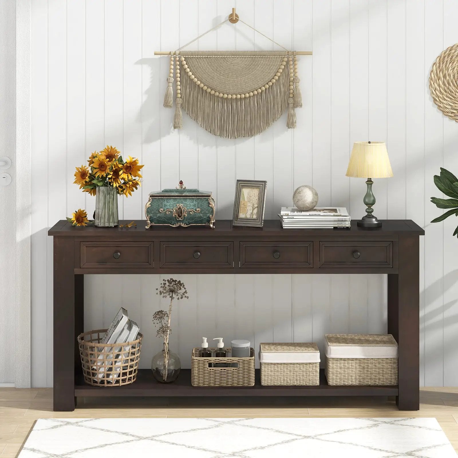 63 Inches Farmhouse Entryway Table with 4 Storage Drawers and Open Shelf-Espresso by DirectDeals