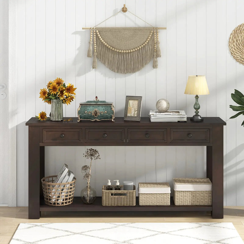 63 Inches Farmhouse Entryway Table with 4 Storage Drawers and Open Shelf-Espresso by DirectDeals