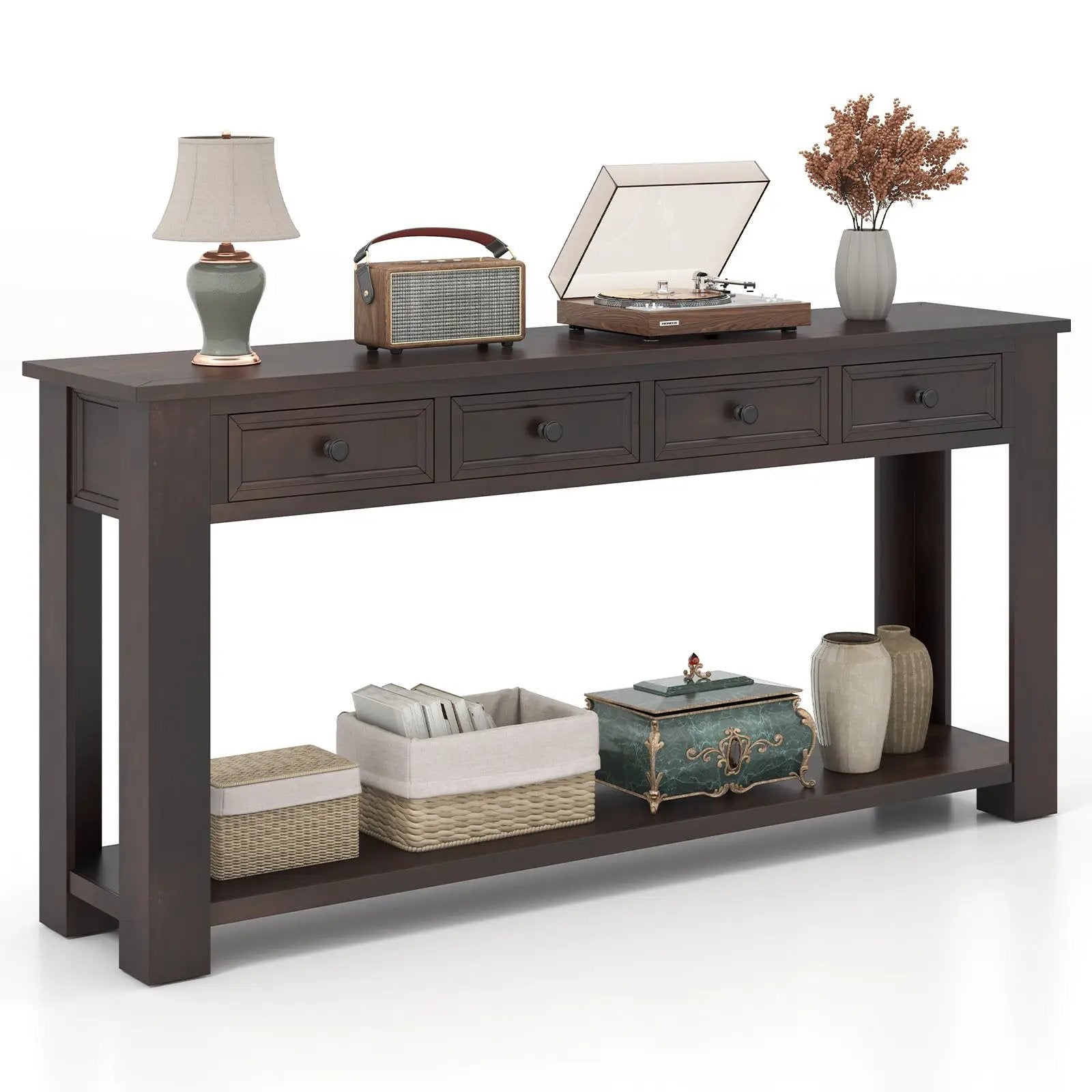 63 Inches Farmhouse Entryway Table with 4 Storage Drawers and Open Shelf-Espresso by DirectDeals