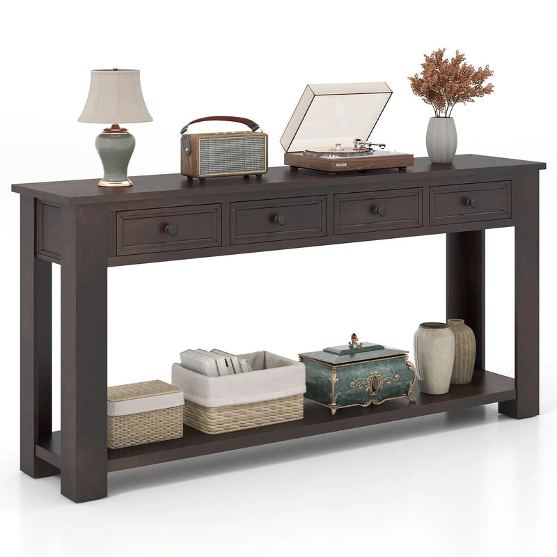 63 Inches Farmhouse Entryway Table with 4 Storage Drawers and Open Shelf-Espresso by DirectDeals