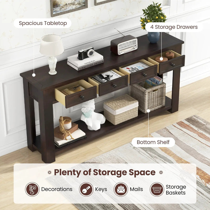 63 Inches Farmhouse Entryway Table with 4 Storage Drawers and Open Shelf-Espresso by DirectDeals