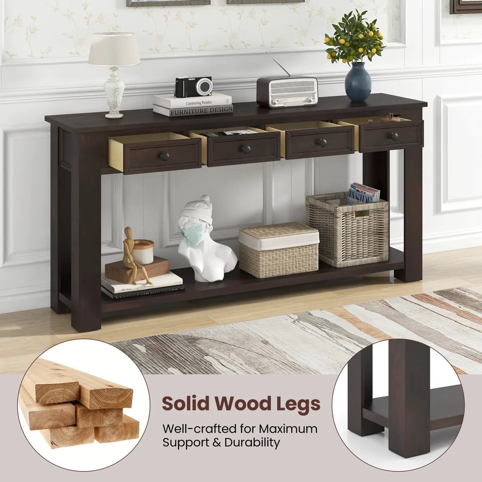 63 Inches Farmhouse Entryway Table with 4 Storage Drawers and Open Shelf-Espresso by DirectDeals