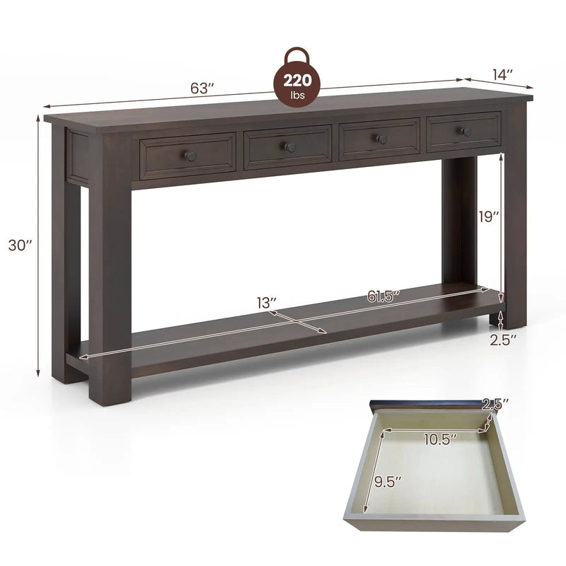 63 Inches Farmhouse Entryway Table with 4 Storage Drawers and Open Shelf-Espresso by DirectDeals