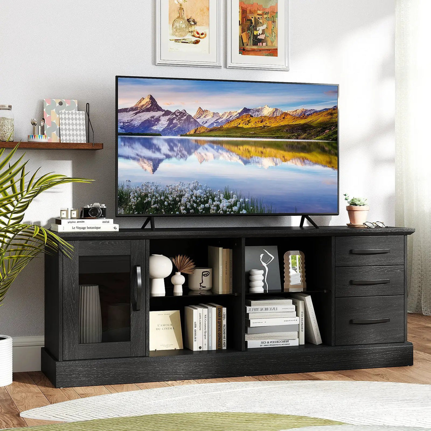 63 Inches Media Console Table with 3 Drawers and 2 Glass Shelves by DirectDeals