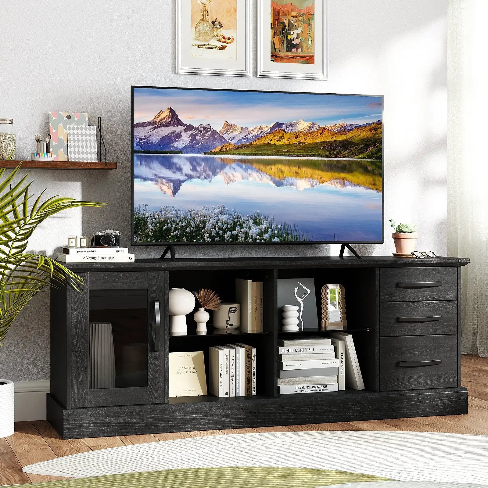 63 Inches Media Console Table with 3 Drawers and 2 Glass Shelves by DirectDeals