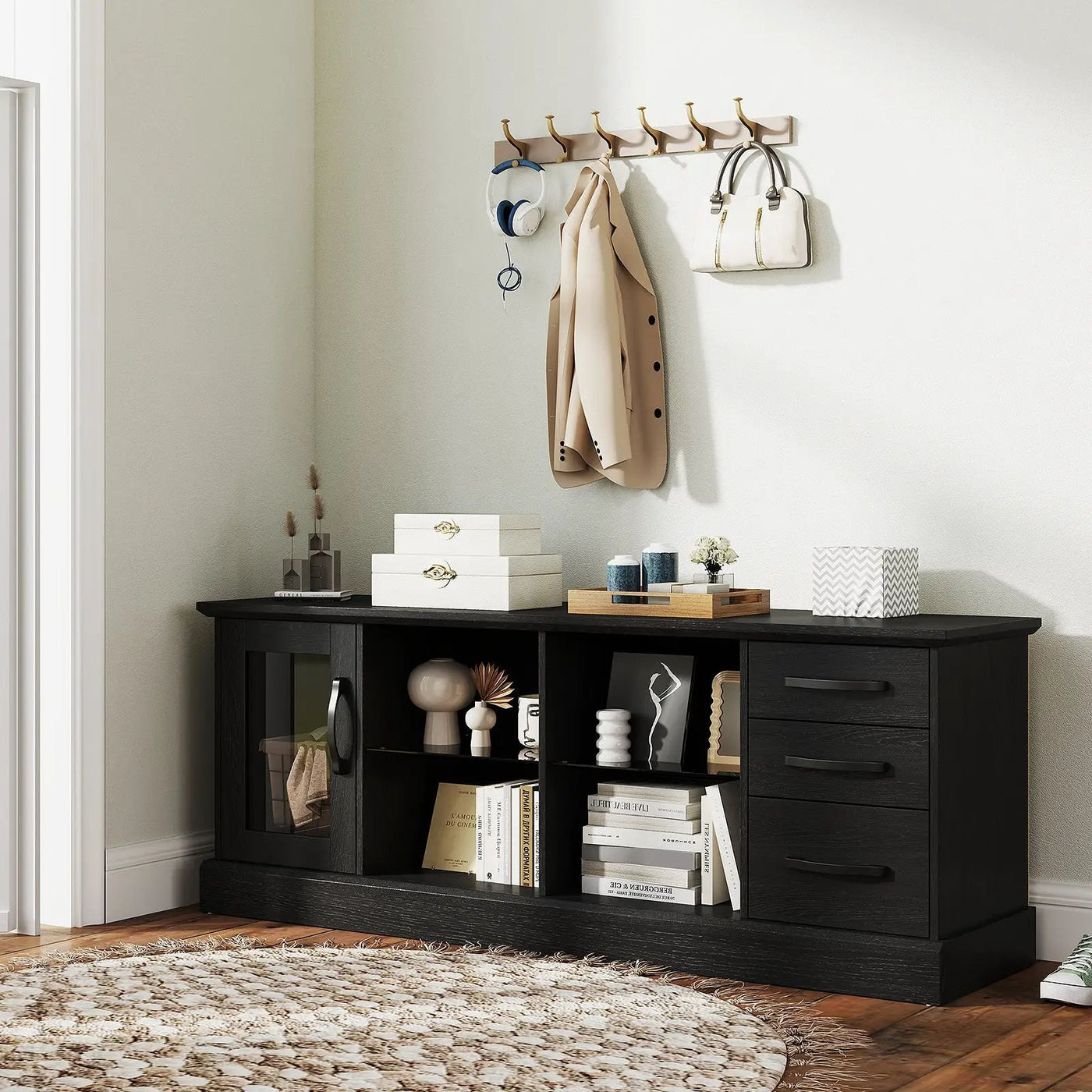 63 Inches Media Console Table with 3 Drawers and 2 Glass Shelves by DirectDeals