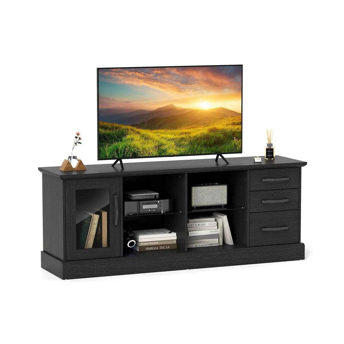 63 Inches Media Console Table with 3 Drawers and 2 Glass Shelves by DirectDeals