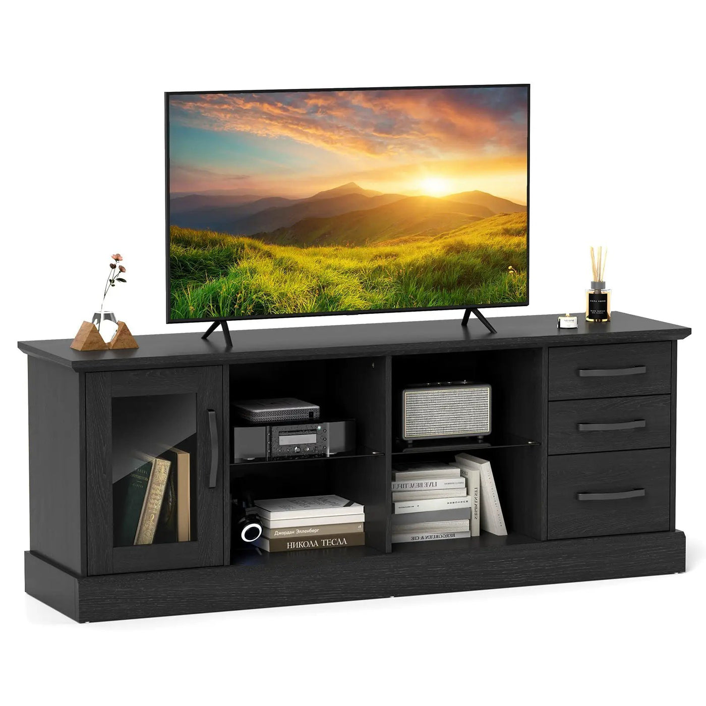 63 Inches Media Console Table with 3 Drawers and 2 Glass Shelves by DirectDeals