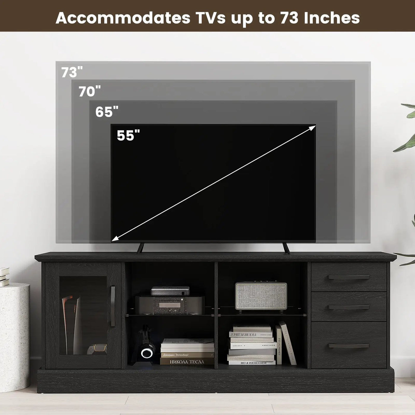 63 Inches Media Console Table with 3 Drawers and 2 Glass Shelves by DirectDeals
