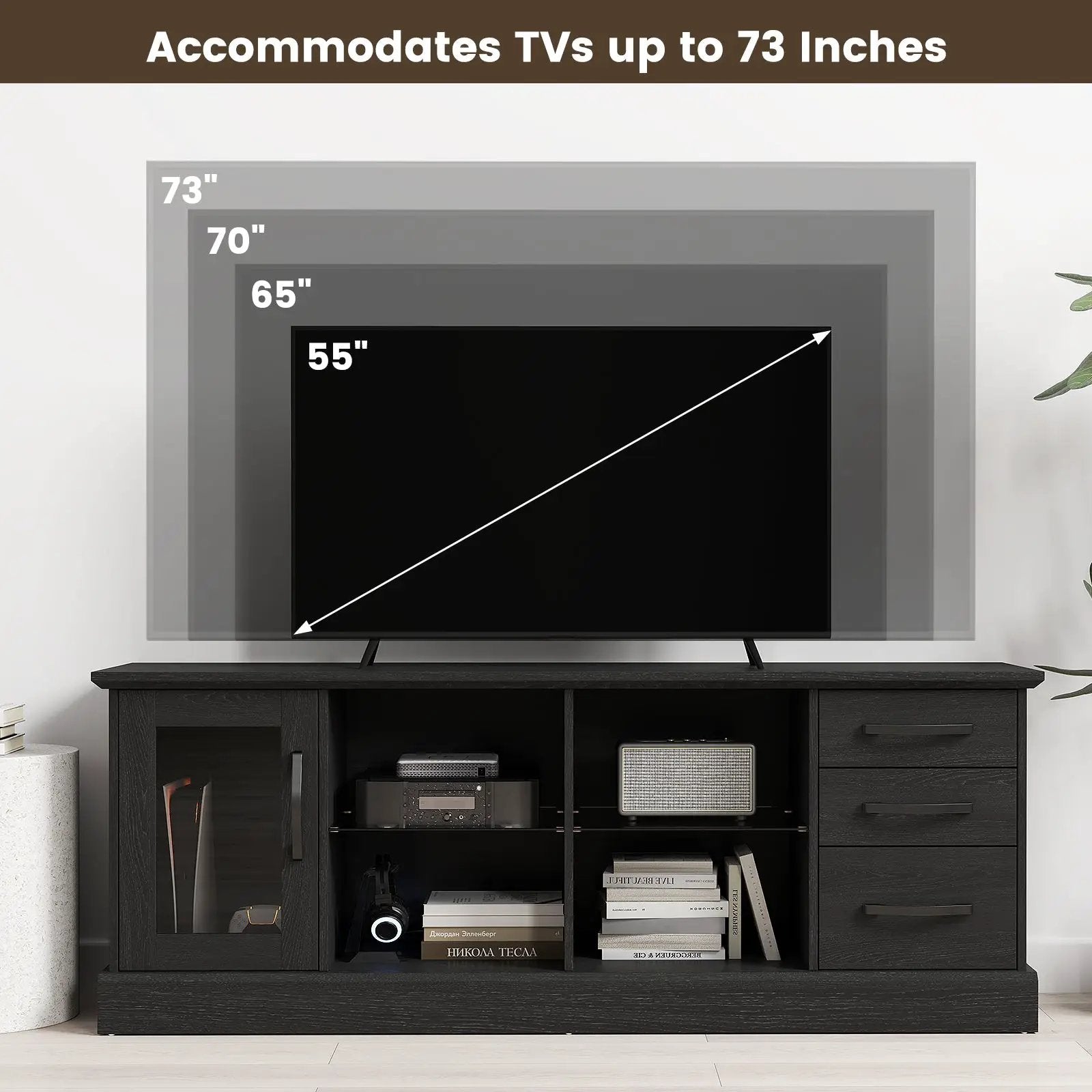 63 Inches Media Console Table with 3 Drawers and 2 Glass Shelves by DirectDeals