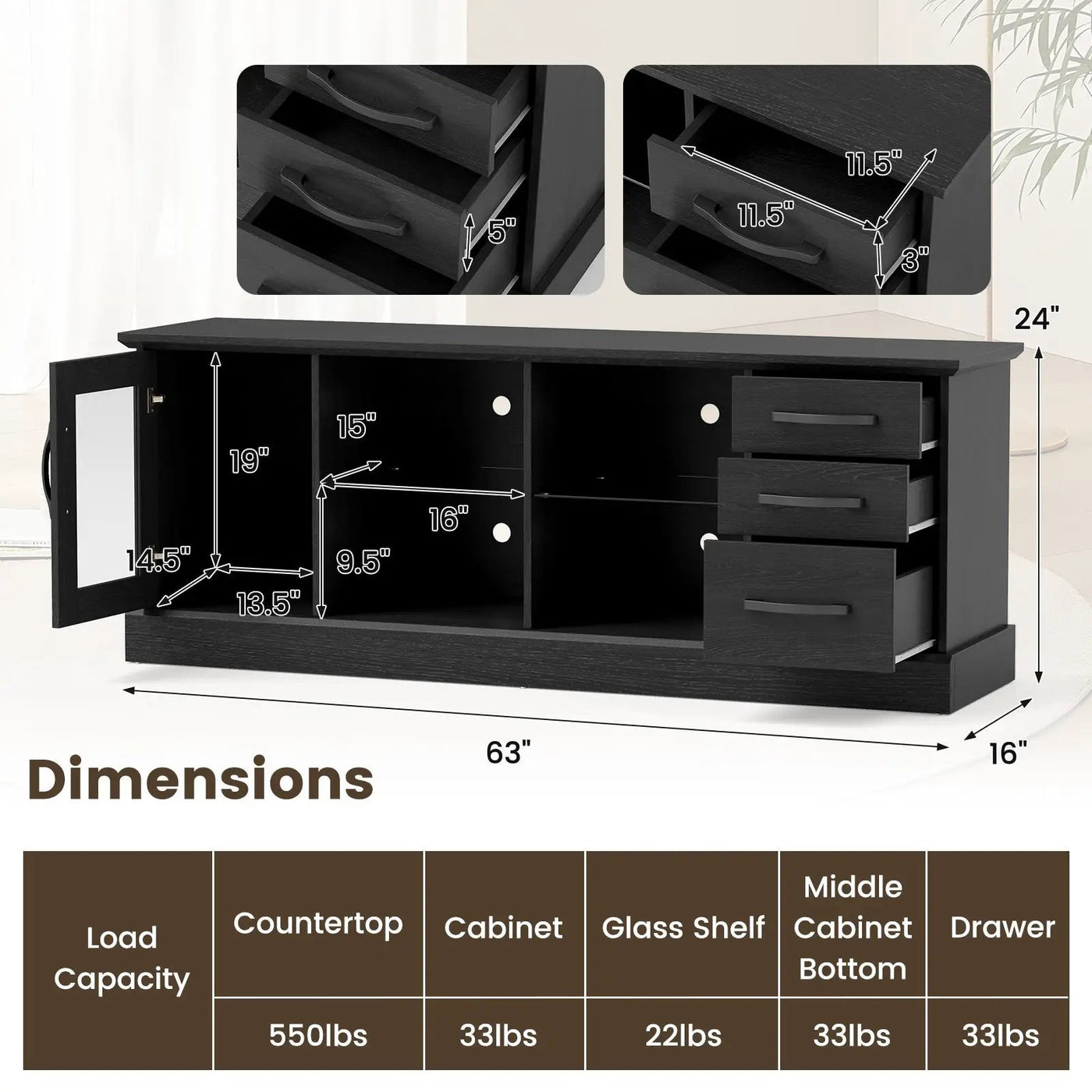 63 Inches Media Console Table with 3 Drawers and 2 Glass Shelves by DirectDeals
