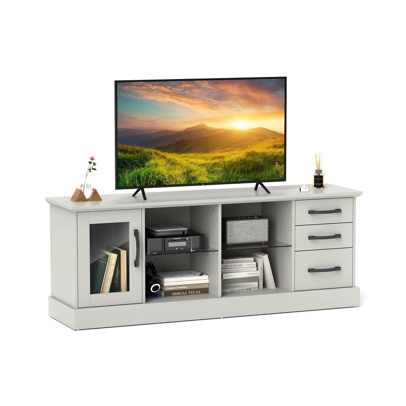 63 Inches Media Console Table with 3 Drawers and 2 Glass Shelves by DirectDeals