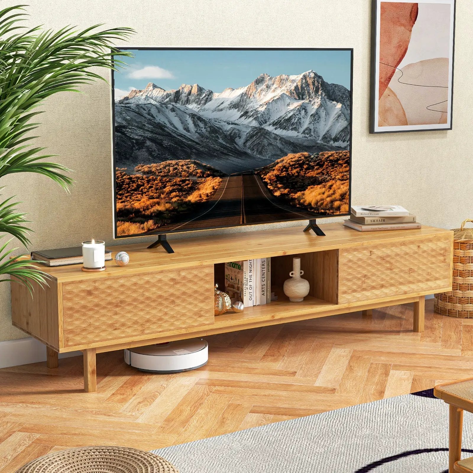 63 Inches Mid Century Modern Bamboo TV Stand with Sliding Doors-Natural by DirectDeals