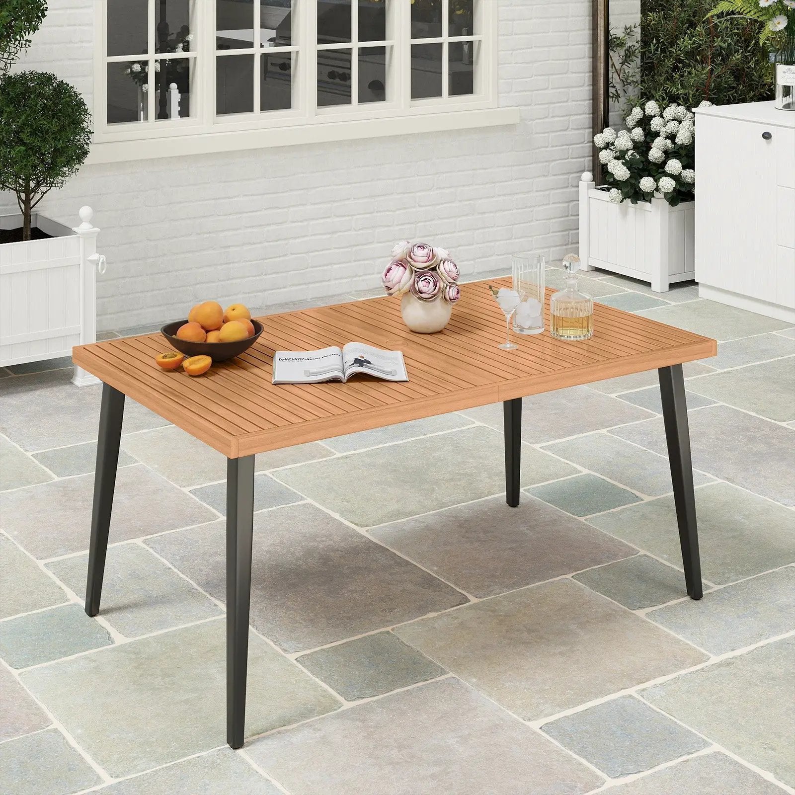 63 Inches Outdoor Indoor Dining Table with 1.97 Inches Umbrella Hole and Metal Legs by DirectDeals