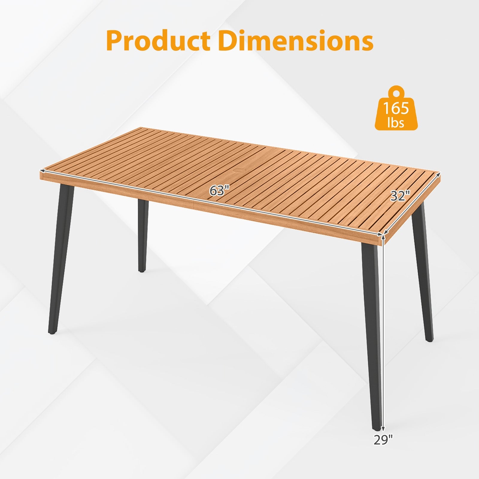 63 Inches Outdoor Indoor Dining Table with 1.97 Inches Umbrella Hole and Metal Legs by DirectDeals