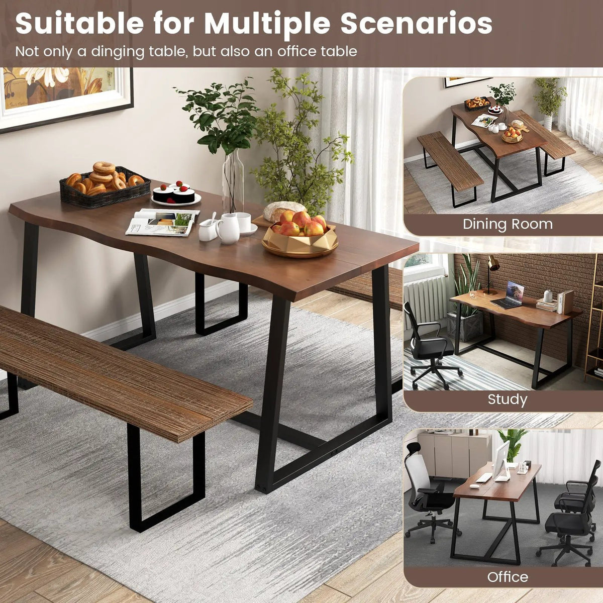63" Large Dining Table with Wavy Edge and Heavy-duty Metal Frame by DirectDeals