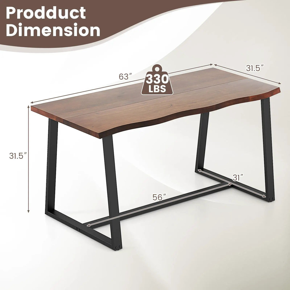 63" Large Dining Table with Wavy Edge and Heavy-duty Metal Frame by DirectDeals
