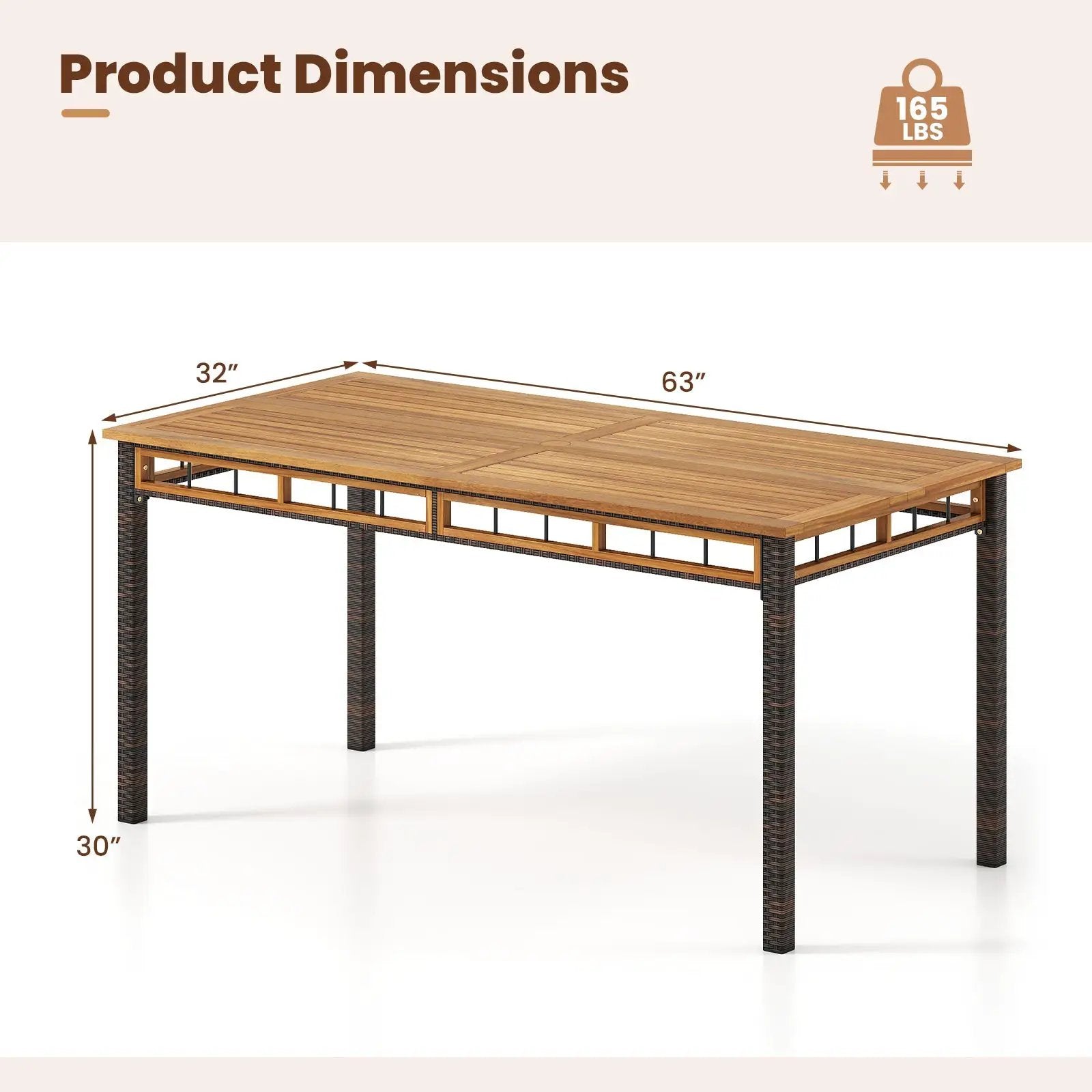 63" Outdoor Dining Table with Acacia Wood Slatted Tabletop by DirectDeals