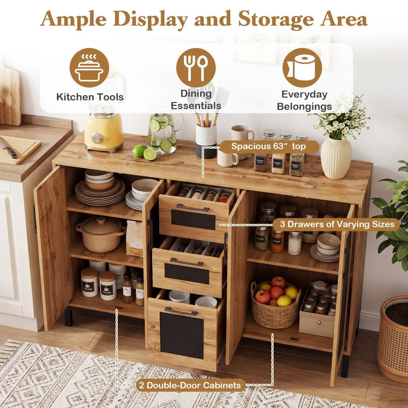 63" Sideboard Buffet Cabinet with 3 Drawers and Storage Shelves by DirectDeals
