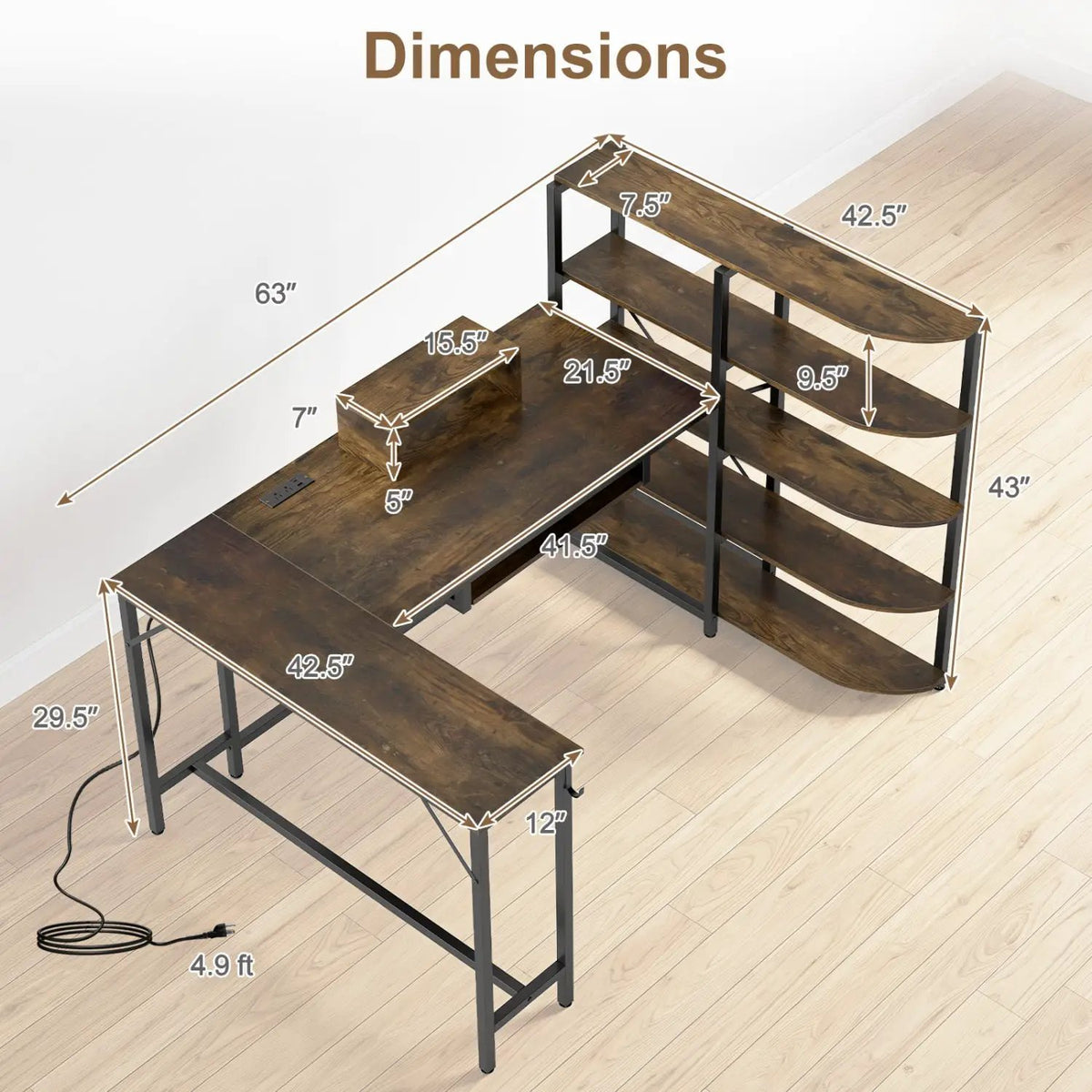 63" U-Shaped Computer Desk with Power Outlets & Bookshelf by DirectDeals