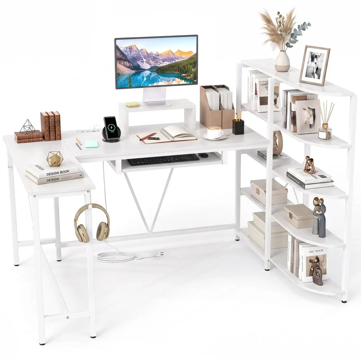 63" U-Shaped Computer Desk with Power Outlets & Bookshelf by DirectDeals